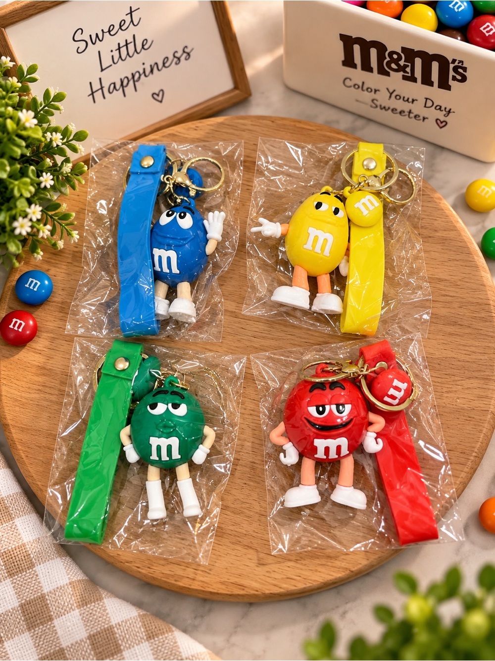M&M'S Blue Yellow Green Red Character Keychain Set with Straps